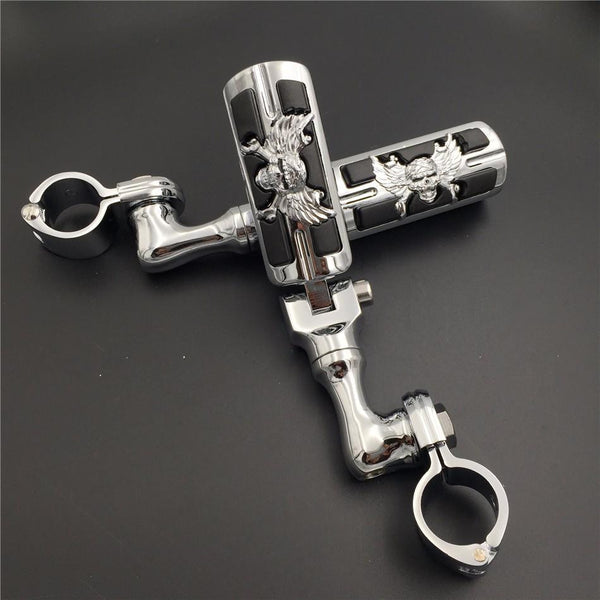 HTT Chrome Short Angled Adjustable Peg Mounting Kit Wing Zombie Footrest For Yamaha V-STAR Roadstar Suzuki Boulevard Equipped with 1.25" Front Engine Guard Frame Tube