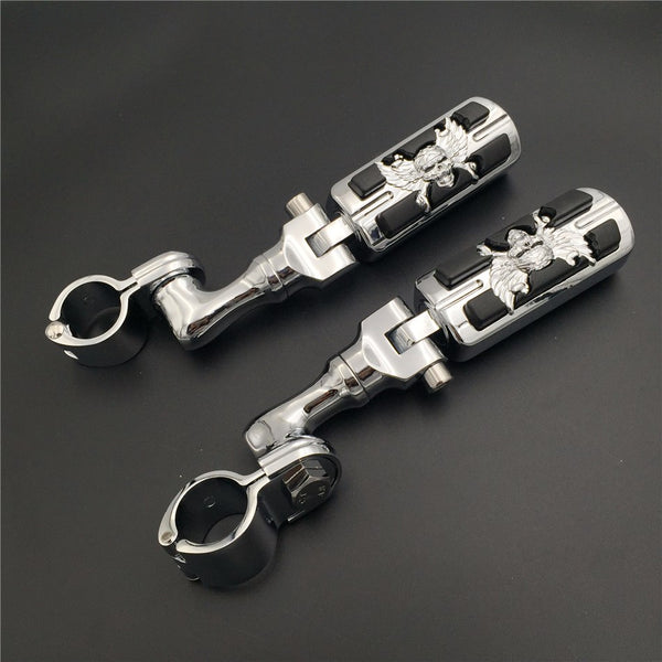 HTT Motorcycle Chrome Short Angled Adjustable Peg Mounting Kit Wing Zombie Sull Foot Peg Footrest Harley Davidson Sportster 883 1200 Street Bob Softail CVO with 1 1/4 inch Front Engine Guard