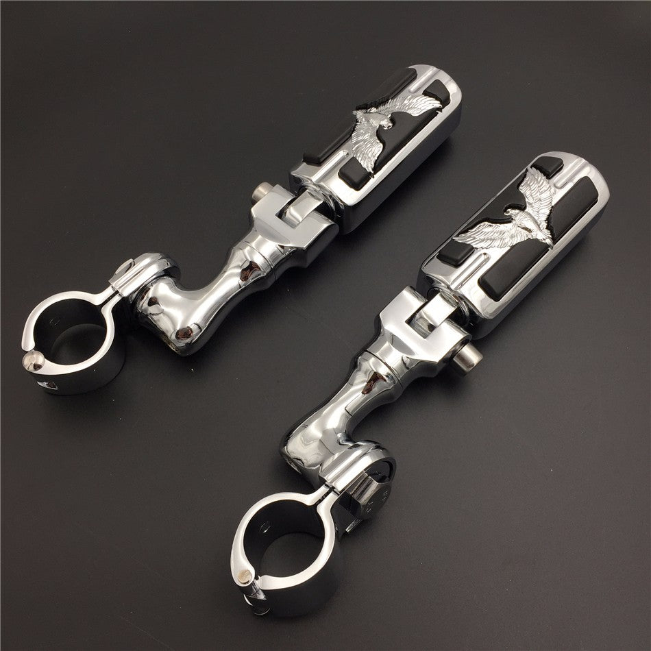 HTT Motorcycle Chrome Short Angled Adjustable Peg Mounting Kit Eagle Foot Peg For Honda GoldWing VTX1300 Shadow Valkyrie Triumph with 1 inch (1") 25mm Front Engine Guard Frame Tube
