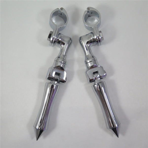 HTT Chrome Short Angled Adjustable Peg Mounting Kit Stick Footpeg Honda GoldWing VTX1300 Shadow Valkyrie Triumph w/ 1-1/4 inch (1.25") Front Engine Guard Frame Tube