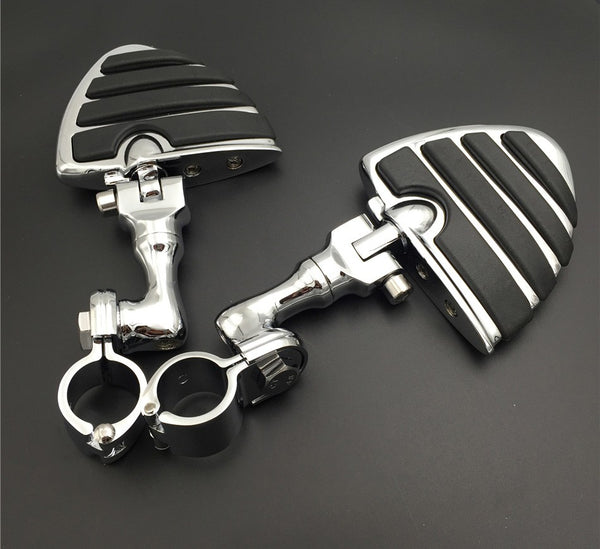 HTT Motorcycle Chrome Short Angled Adjustable Peg Mounting Kit U Shape Footrest Foot Pegs For Yamaha V-STAR Roadstar Suzuki Boulevard with 1 inch (1") 25mm Front Engine Guard Frame Tube