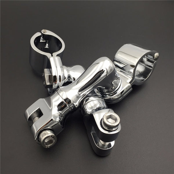HTT Motorcycle Chrome Short Angled Adjustable Highway Peg Mounting Kit For Bike with 1 inch (1") 25mm Front Engine Guard Frame Tube Yamaha V-STAR Roadstar Suzuki Boulevard