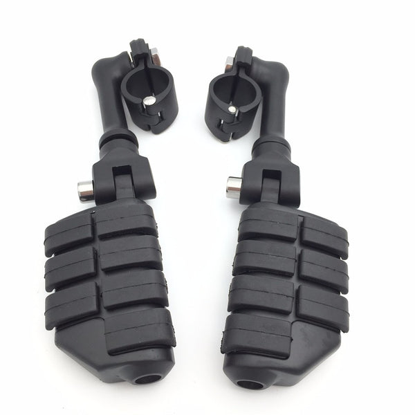 HTT Motorcycle Black Long Angled Adjustable Dually Highway P-Clamps Large Footpeg Footrest For Yamaha V-STAR Roadstar Suzuki Boulevard 1-1/4 inch (1.25") Front Engine Guard Frame Tube