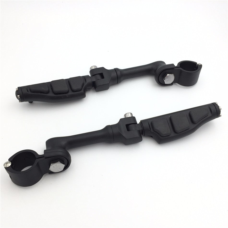 HTT Motorcycle Black Long Angled Adjustable Peg Mounting Kit Flat End Foot Peg For Honda GoldWing VTX1300 Shadow Valkyrie Triumph Rocket 1-1/4 inch (1.25") Front Engine Guard Frame Tube
