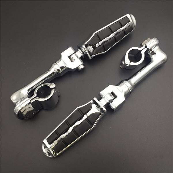 HTT Motorcycle Chrome Long Angled Highway Peg Mounting Kit and Footpeg Footrest For Honda GoldWing VTX1300 Shadow Valkyrie Triumph Equipped 1-1/4 inch (1.25") Front Engine Guard Frame Tube