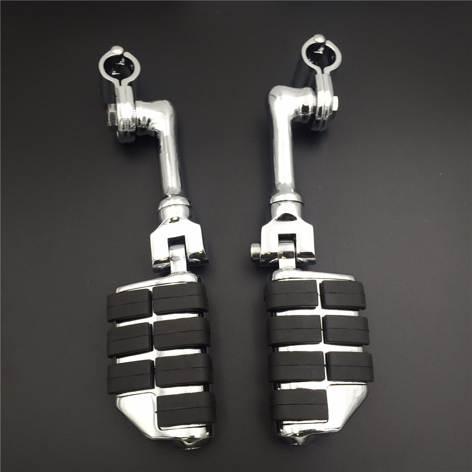 HTT Motorcycle Chrome Long Angled Adjustable Dually Highway P-Clamps Large Footpeg Footrest For Yamaha V-STAR Roadstar Suzuki Boulevard with 1.5" Front Engine Guard Frame Tube