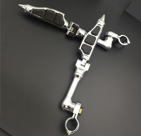 HTT Motorcycle Chrome Long Angled Adjustable Peg Mounting Kit Stiletto Shape Footrest Foot Pegs For Yamaha V-STAR Roadstar Suzuki Boulevard 1-1/4 inch (1.25")Front Engine Guard Frame Tube