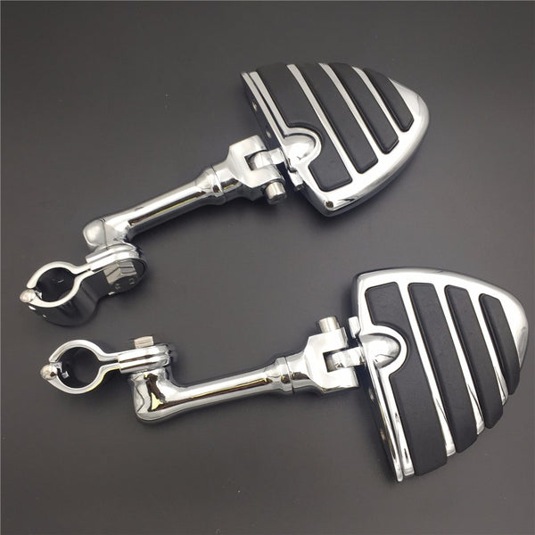 HTT Motorcycle Chrome Long Angled Adjustable Peg Mounting Kit U Shape Footpeg For Honda GoldWing VTX1300 Shadow Valkyrie Triumph Rocket  with 1-1/4 inch (1.25") Front Engine Guard Frame Tube