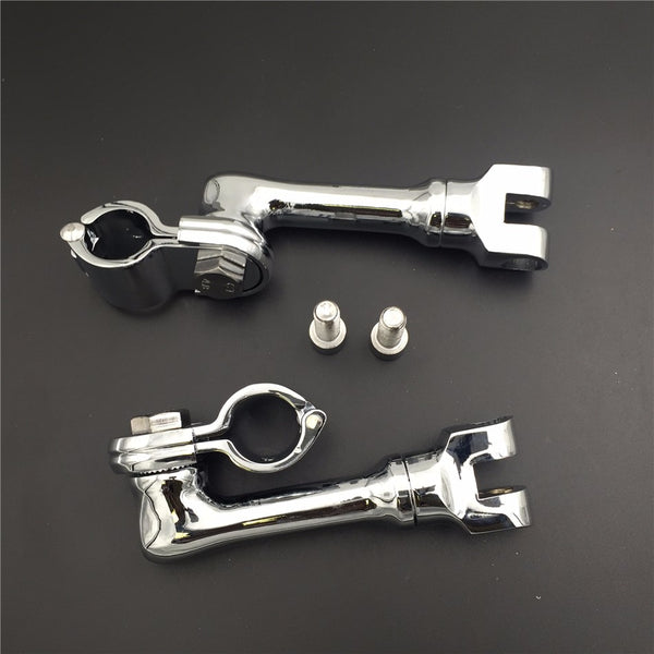 HTT Motorcycle Chrome Long Angled Adjustable Highway Peg Mounting Kit For Bike with 1 inch (1") 25mm Front Engine Guard Frame Tube Sportster 883 1200 Street Bob Softail CVO