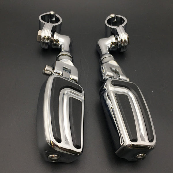 HTT Motorcycle Chrome Short Angled Adjustable Peg Mounting Kit AirFlow Footrest For Yamaha V-STAR Roadstar Suzuki Boulevard  with 1 inch (1") 25mm Front Engine Guard Frame Tube