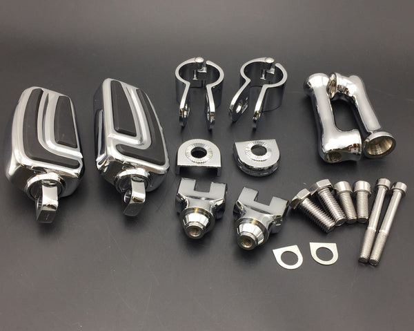 HTT Motorcycle Chrome Long Angled Adjustable Peg Mounting Kit with AirFlow Foot Peg For Honda GoldWing Shadow Valkyrie Triumph 1-1/4 inch (1.25")Front Engine Guard Frame Tube