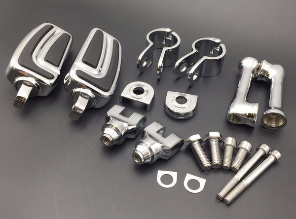 HTT Motorcycle Chrome Long Adjustable Peg Mounting Kit AirFlow Foot Peg Footrest For Harley Davidson Sportster 883 1200 Street Bob Softail CVO 1-1/4 inch (1.25") Front Engine Guard