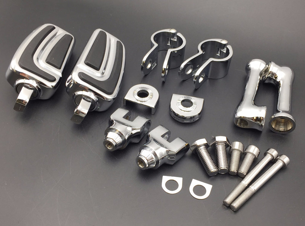 HTT Motorcycle Chrome Long Angled Adjustable Peg Mounting Kit AirFlow Foot Peg Footrest For Harley Sportster 883 1200 Street Bob Softail CVO 1-1/2 inch (1.5") Front Engine Guard