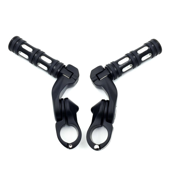 HTT- Black Foot Pegs w/ 2.5" Short Angled Adjustable Mount Kit For 1.25" Engine Guard (Harley Road King/ Street Glide/ Fat Boy/ Iron 883/Honda GoldWing)