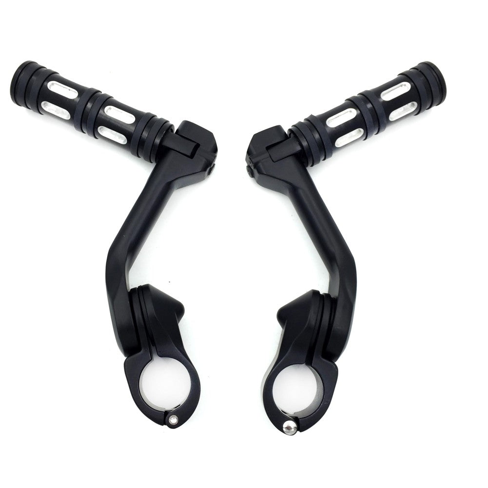 HTT- Black Foot Pegs w/ 5" Long Angled Adjustable Mount Kit For 1.25" Engine Guard (Harley Road King/ Street Glide/ Fat Boy/ Iron 883/Honda GoldWing)