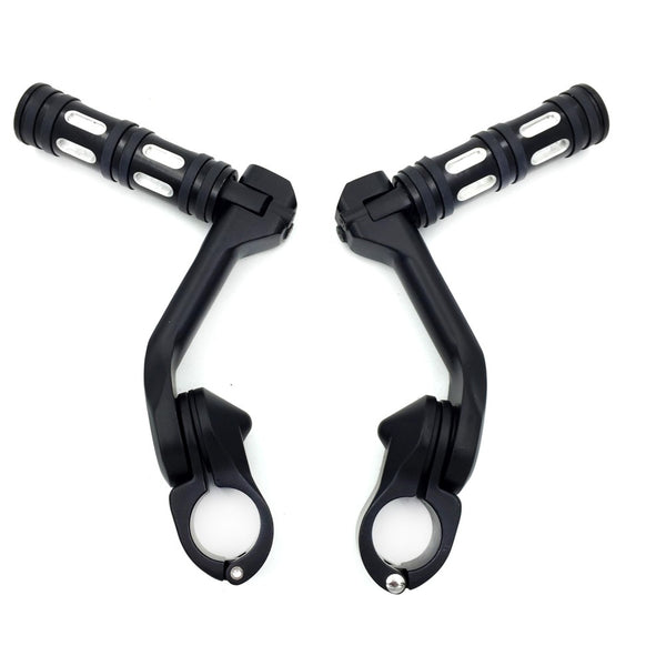 HTT- Black Foot Pegs w/ 5" Long Angled Adjustable Mount Kit For 1.25" Engine Guard (Harley Road King/ Street Glide/ Fat Boy/ Iron 883/Honda GoldWing)