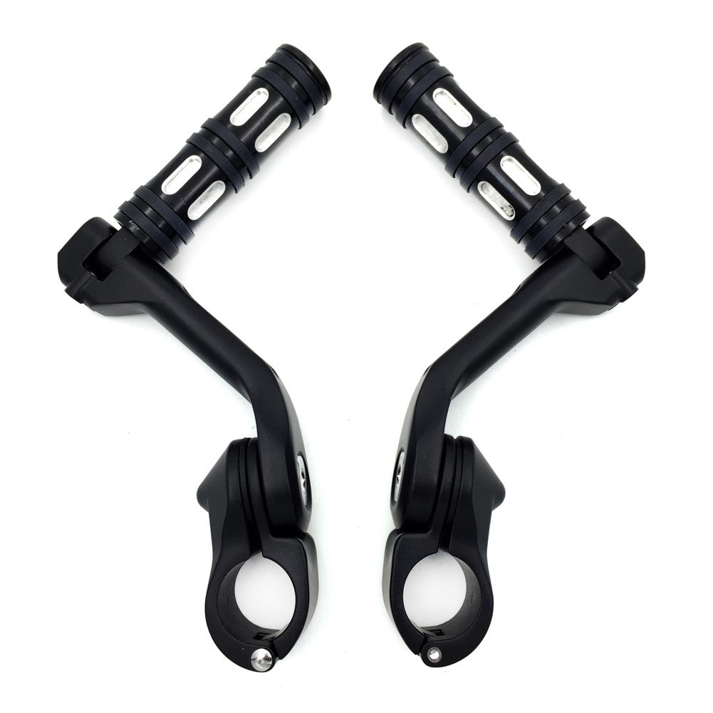 HTT- Black Foot Pegs w/ 5" Long Angled Adjustable Mount Kit 1.25" For Honda GoldWing/ Yamaha V-STAR/ Suzuki Intruder/ Kawasaki Vulcan Engine Guard