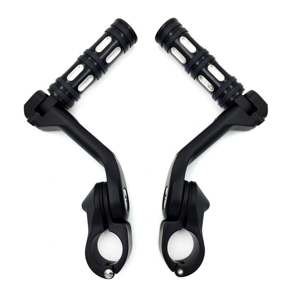 HTT- Black Foot Pegs w/ 5" Long Angled Adjustable Mount Kit 1.25" For Honda GoldWing/ Yamaha V-STAR/ Suzuki Intruder/ Kawasaki Vulcan Engine Guard