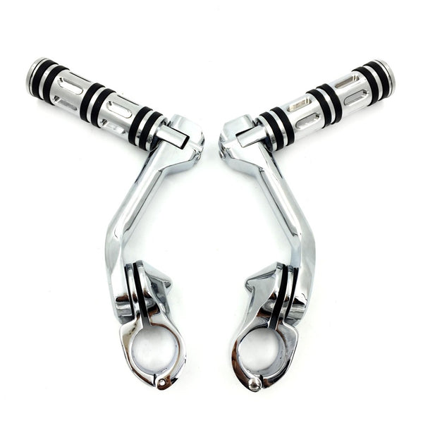 HTT- Chrome Foot Pegs w/ 5" Long Angled Adjustable Mount Kit For 1.25" Engine Guard Front Tube (Harley Softail Slim/ Ultra Limited/ Tri Glide/Wide Glide)