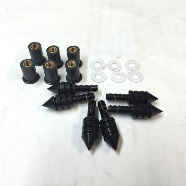 Universal Fit Black Motorcycle Spike Bolts (Windscreen, Fairings, License Plate) 6PCs with Mounting Part Honda Yamaha Kawasaki Suzuki Triumph Ducati Windshield Screws Hardware