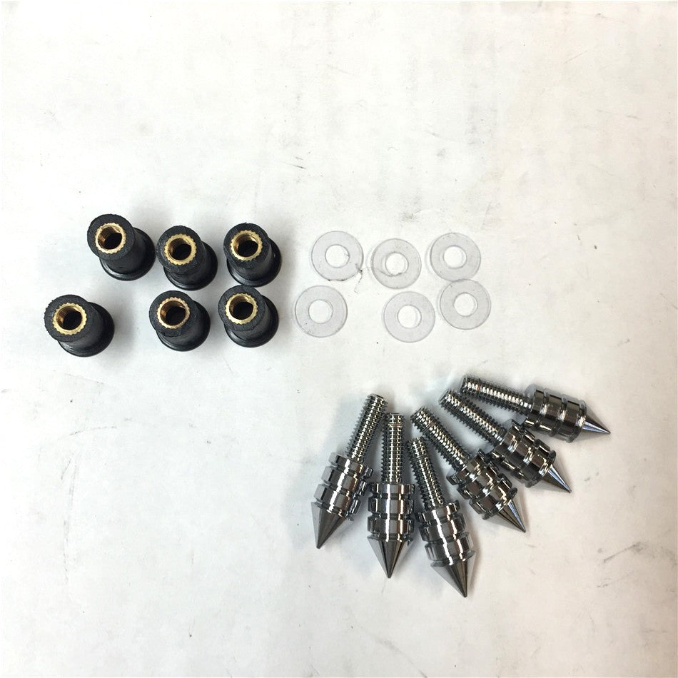 Universal Fit Chrome Motorcycle Spike Bolts (Windscreen, Fairings, License Plate) 6PCs with Mounting Part Honda Yamaha Kawasaki Suzuki Triumph Ducati Windshield Screws Hardware