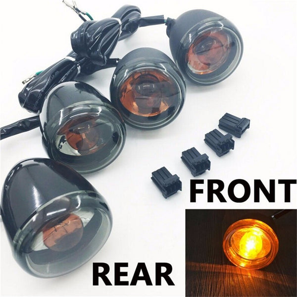 HTT Motorcycle Heavy Billet Aluminum Front and Rear Turn Signal Kit Indicator Light Smoke lens With Long Black Heavy Metal Brackets For 1992-2016 Harley Davidson Sportster XL 883 1200