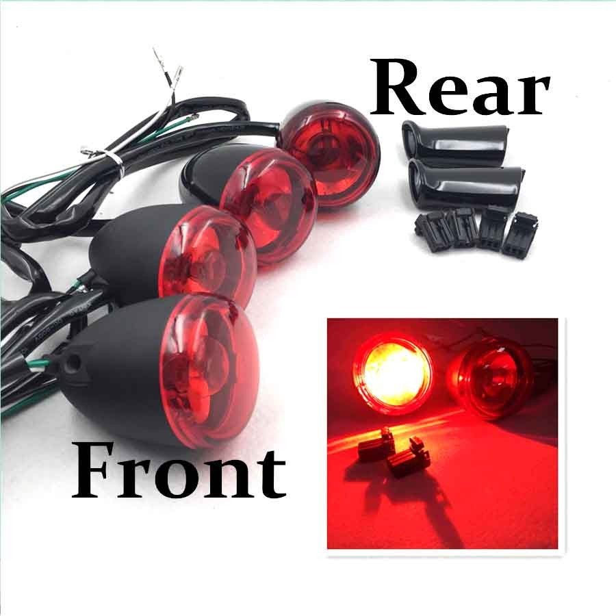 HTT Motorcycle Heavy Billet Aluminum Front and Rear Turn Signal Kit Indicator Light Red lens With Long Black Heavy Metal Brackets For 1992-2016 Harley Davidson Sportster XL 883 1200