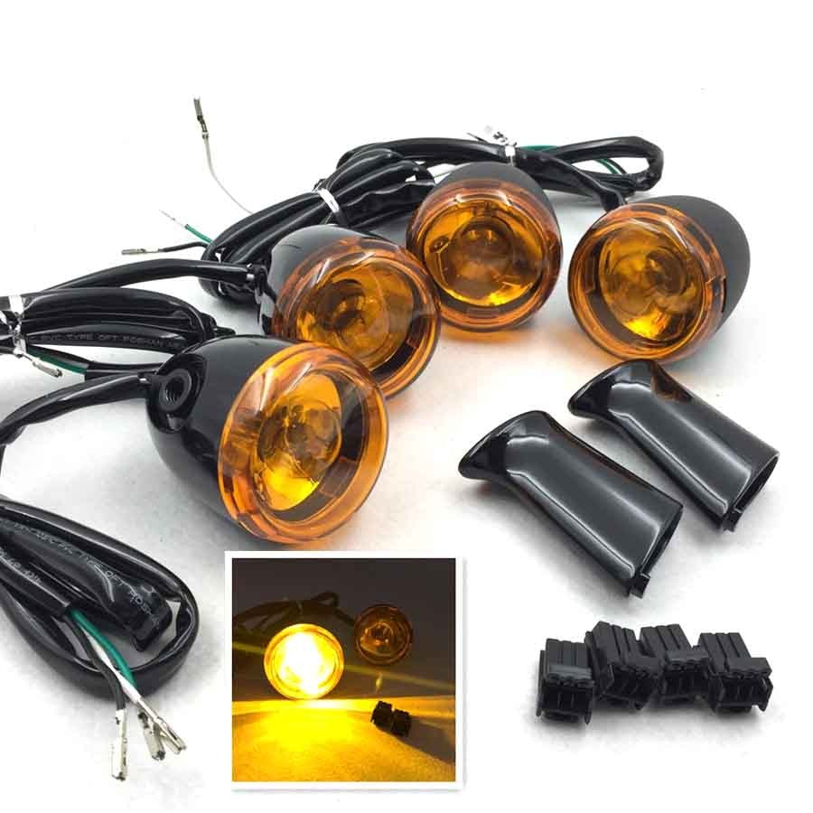 HTT Motorcycle Heavy Billet Aluminum Front and Rear Turn Signal Kit Indicator Light Yellow lens With Long Black Heavy Metal Brackets For 1992-2016 Harley Davidson Sportster XL 883 1200