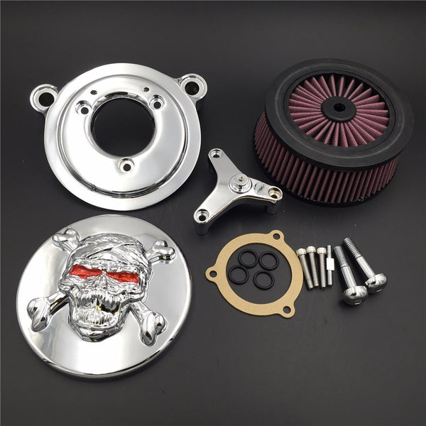 HTT Motorcycle Chrome Skull Zombie Cross Bones Air Cleaner Intake Filter System Kit For 16-later FXDLS Softail 08-later Touring and Trike Fat Boy CVO Road King Electra Glide Tri Glide