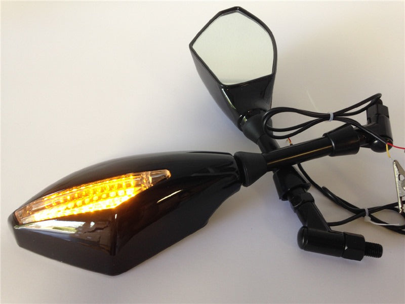 Motorcycle Integrated LED Turn Signals Side Mirrors for street bike Gloss black with M10 Bolts Screw