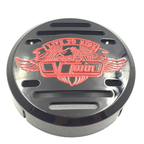 HTT Motorcycle Black Horn Cover with Red Logo For 1998-2013 Yamaha V-Star 650 / Classic / Custom 1999-2009 Yamaha V-Star 1100 / Classic / Custom / Silverado 1995-2006 Kawasaki Vulcan 800