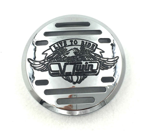 HTT Motorcycle Chrome Horn Cover with Black Logo For 1998-2013 Yamaha V-Star 650 / Classic / Custom 1999-2009 Yamaha V-Star 1100 / Classic / Custom / Silverado 1995-2006 Kawasaki Vulcan 801