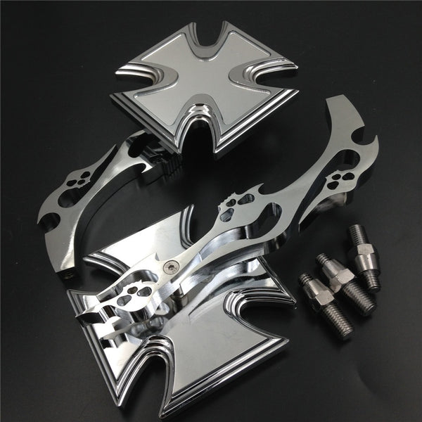 Maltese Cross Emblem Flame Style Motorbike Chromed Billet Custom Running Acrylic Mirrors Universal Fit All Honda Kawasaki Suzuku Cruiser Bike Models By HTT