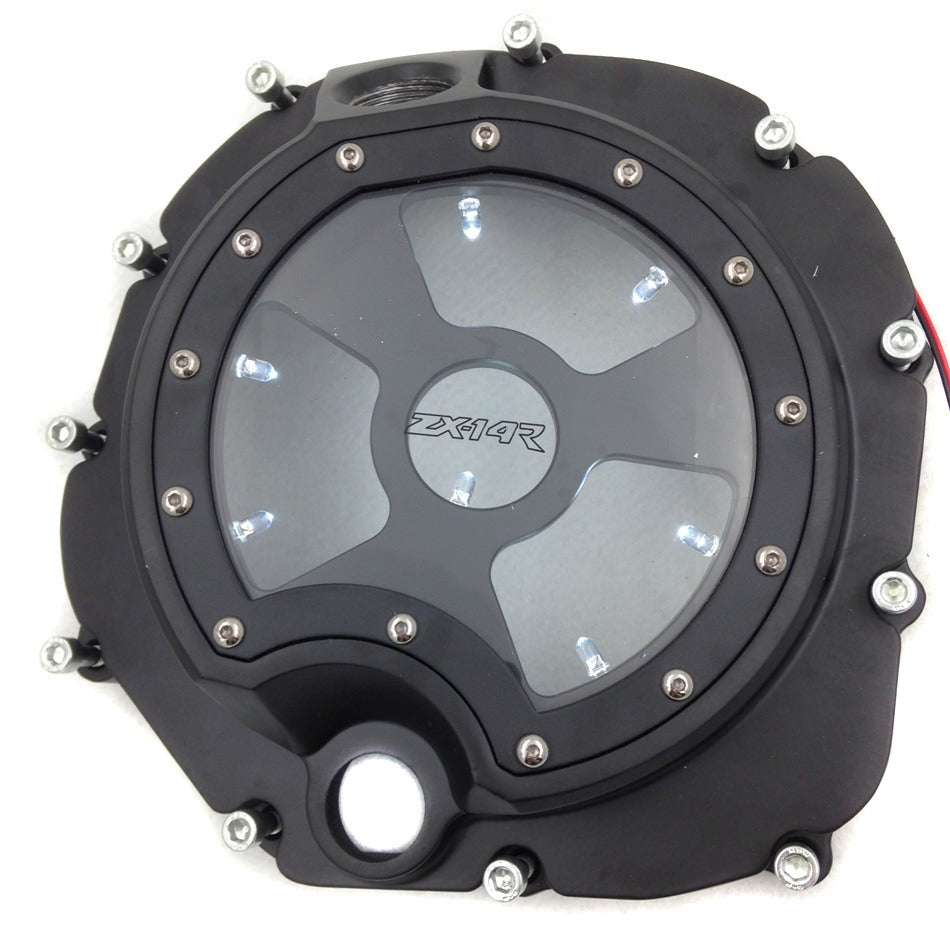 HTT- White LED Engine Clutch Cover See Through For Kawasaki ZX14R 2006-2014/ ZZR-1400 2006-2014 BLACK Right