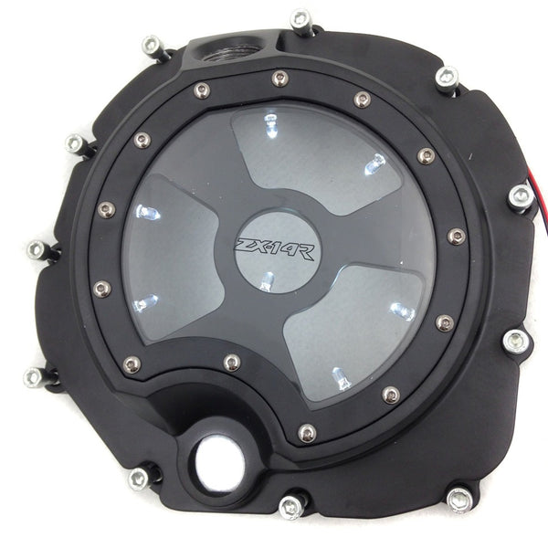 HTT- White LED Engine Clutch Cover See Through For Kawasaki ZX14R 2006-2014/ ZZR-1400 2006-2014 BLACK Right