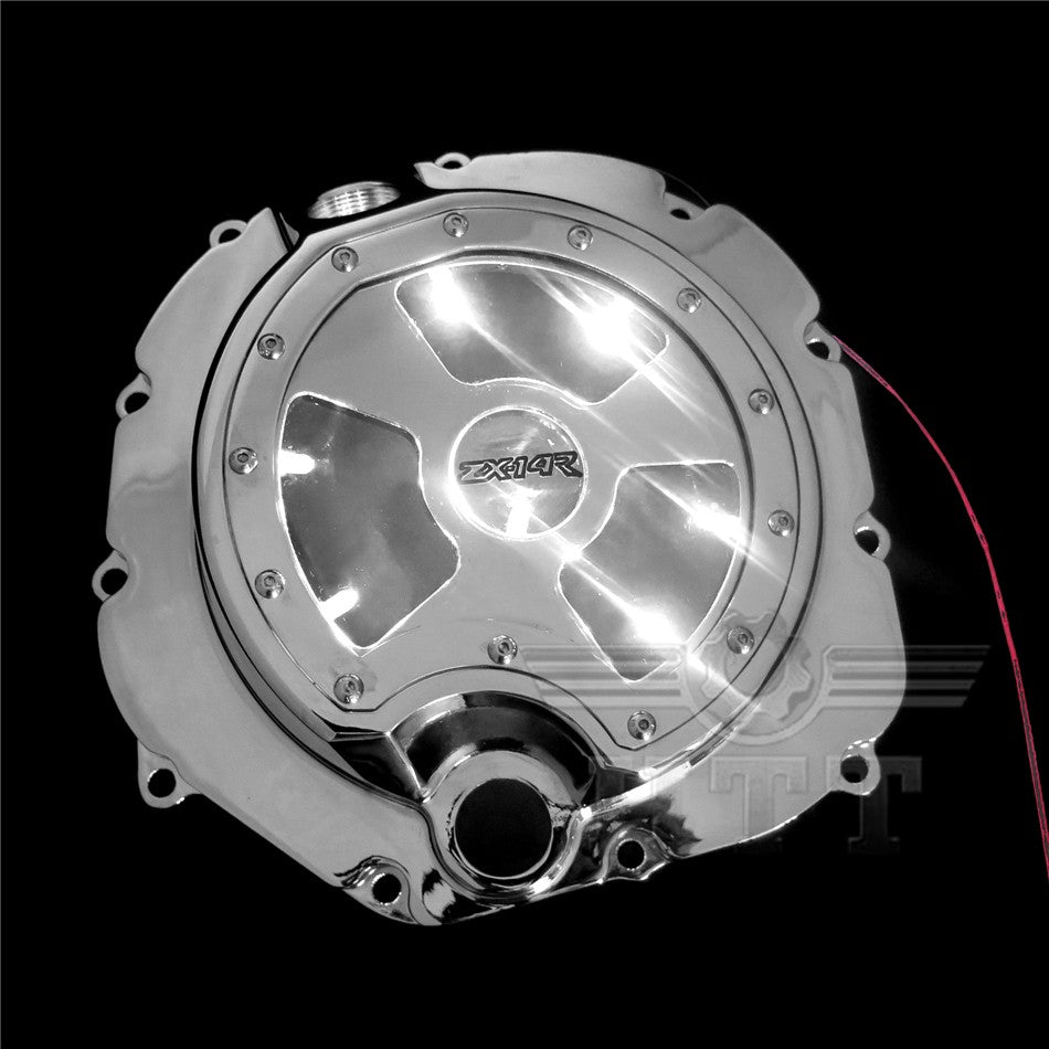 HTT Motorcycle Chrome Right Side Engine Clutch Cover with White LED See Through For Kawasaki ZX14R 2006-2014/ ZZR-1400 2006-2014