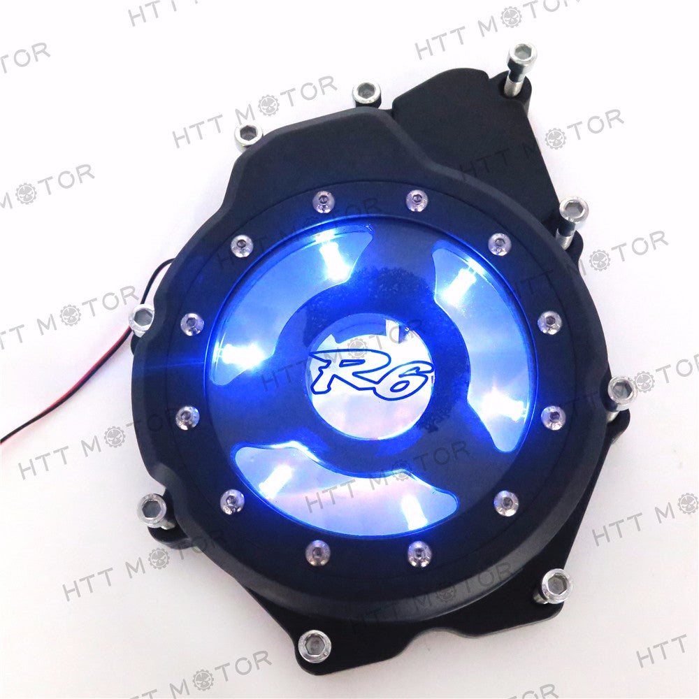 HTTMT- Blue LED Black Left Engine Stator Cover See Through For Yamaha 2006-2014 YZF-R6