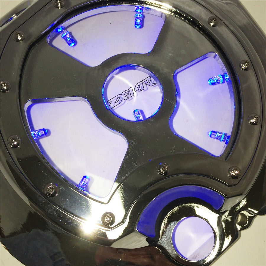 HTT- Blue LED Engine Clutch Cover See Through For Kawasaki ZX14R 2006-2014/ ZZR-1400 2006-2014 Chrome Right side