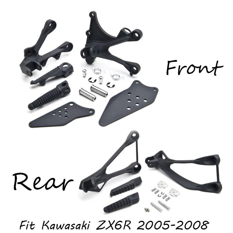 Black Front and Rear Passenger Foot Peg Bracket Fit For Kawasaki Zx6R 2005-2008