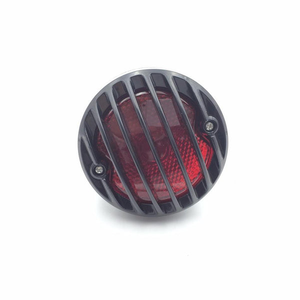 HTT Motorcycle Black Custom Grille Ribbed Round LED Tail Brake Light Red Lens Integrated License Plate Lamp Fit Bobber Chopper Cruiser Street Bike Honda Kawasaki Suzuki Yamaha