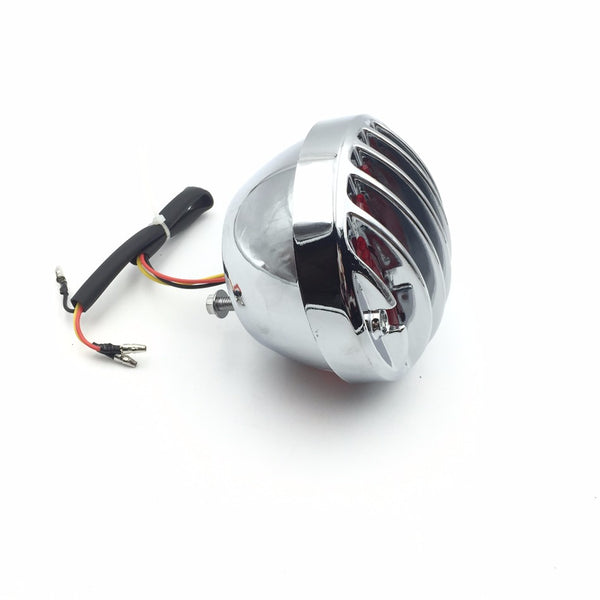 HTT Motorcycle Chrome Pre-Grille Ribbed Round LED Tail Brake Light Red Lens Integrated License Plate Lamp Fit Bobber Chopper Cruiser Street Bike Honda Kawasaki Suzuki Yamaha