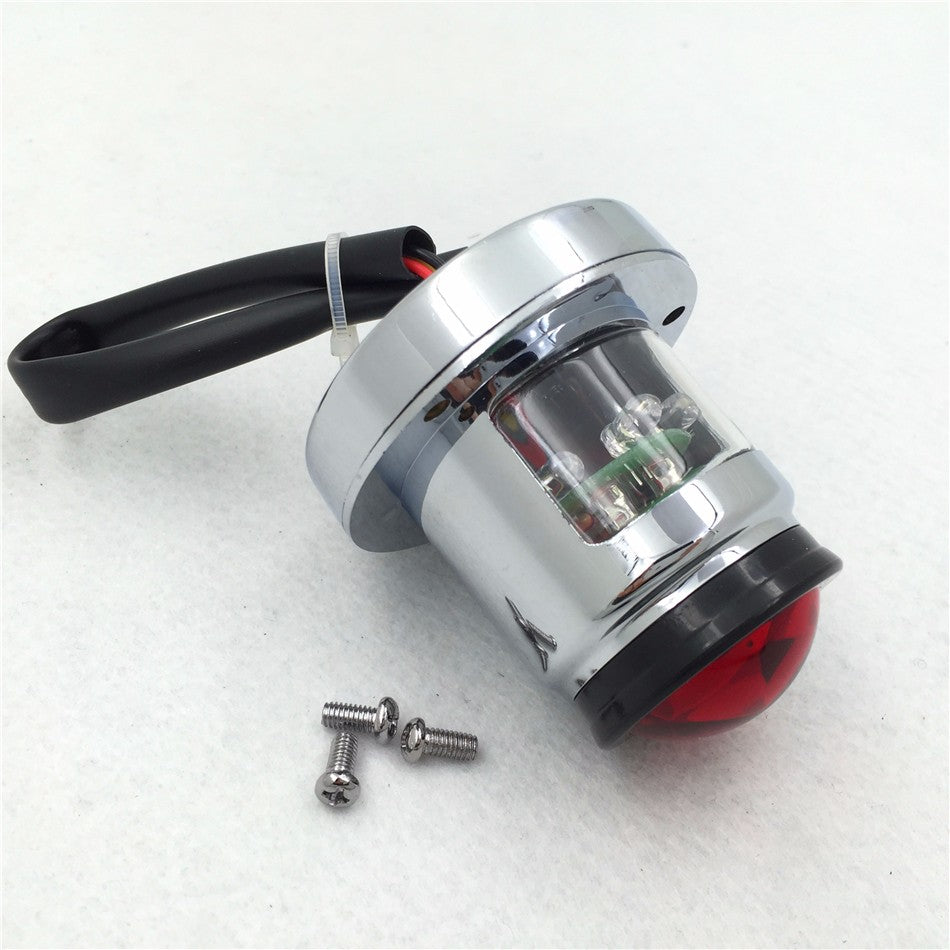 HTT Motorcycle Chrome Body Black Lid Custom Little Round LED Tail Brake Light Red Lens Fit Bobber Chopper Cruiser Street Bike Honda Kawasaki Suzuki Yamaha