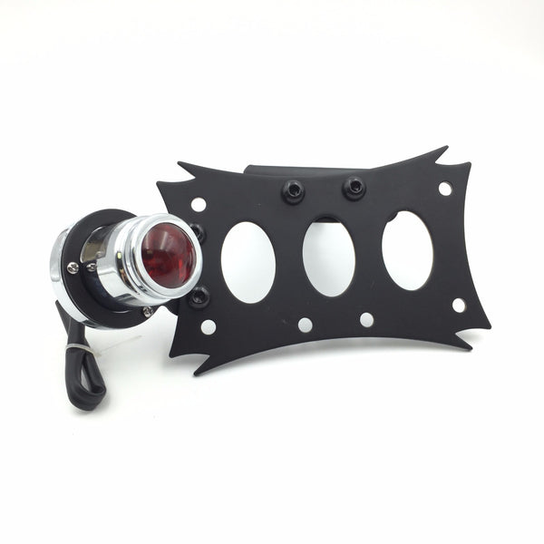 HTT Motorcycle Black Horizontal Vertical Zigzag Side Mount License Plate Bracket Chrome Round LED Tail Brake Light Integrated For Harley Touring Bobber Chopper Honda Kawasaki Suzuki Yamaha