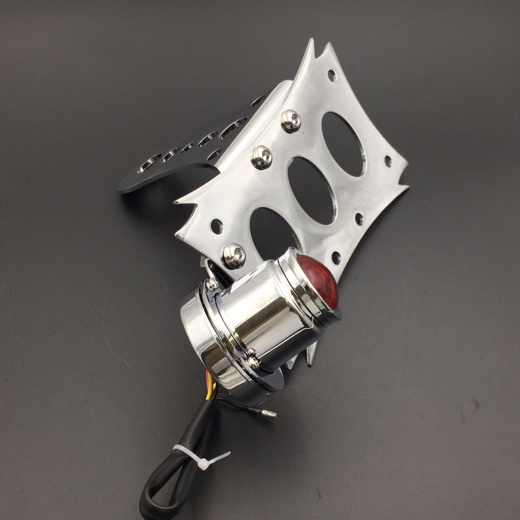 HTT Motorcycle Chrome Horizontal Vertical Zigzag Side Mount License Plate Bracket 7x4 Chrome Round LED Tail Brake Light Integrated For Honda CBR Kawasaki Ninja Suzuki Boulevard GSXR