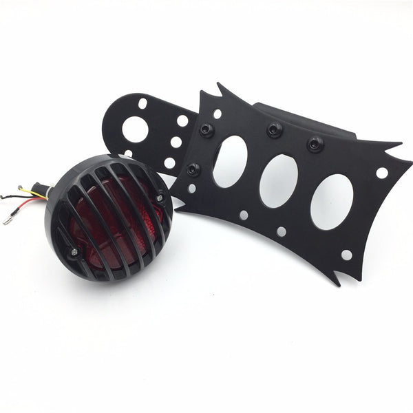HTT Motorcycle Black Horizontal Vertical Zigzag Style Side Mount License Plate Bracket 7x4 Black Round LED Tail Brake Light Integrated For Harley Touring Bobber Chopper Honda Kawasaki Suzuki Yamaha