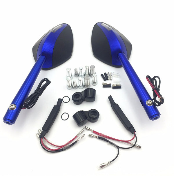 HTT Motorcycle CNC Blue Rear View Left Right LED??Integrated Side Mirrors For 8mm 10mm Screw Yamaha FZ1 FZ6 Suzuki GSR600 Boulevard Intruder Honda CB1000R CBF600 CBR125R Shadow