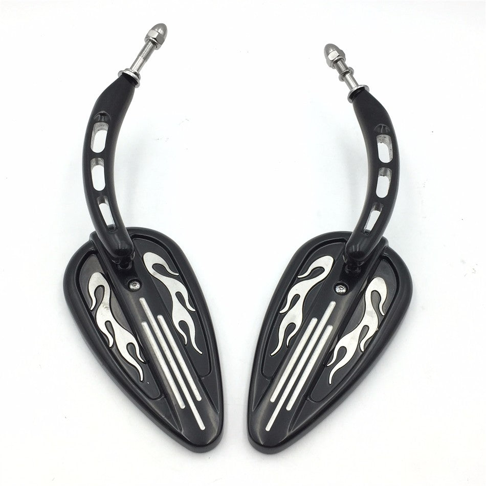 HTT Motorcycle Black Skull Side Mirrors with Hollow-out Stems Flame Groove For 1982 and up Harley bike Super Glide FXE Dyna Super Glide T Sport FXDXT