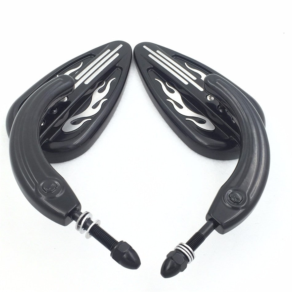 HTT Motorcycle Black Rear View Skull Stem Mirrors with Silver Groove Flame For Harley Davidson 1982-later all models Big Dog Dyna Wide Glide Fat Boy Iron Horse Road King Street Glide Ultra etc.