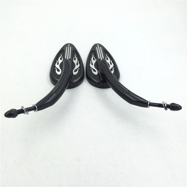 HTT Motorcycle Black Rear View Mirrors with Silver Groove Flame For Harley Davidson 1982-later all models Big Dog Dyna Wide Glide Fat Boy Iron Horse Road King Street Glide Ultra Sportster  etc.