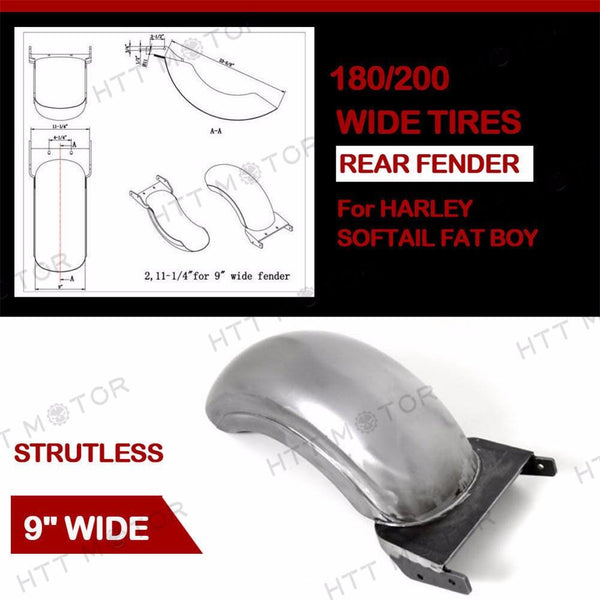 9" REAR CUSTOM FENDER Fit 180-200 WIDE TIRE STRUTLESS For HARLEY SOFTAIL FAT BOY